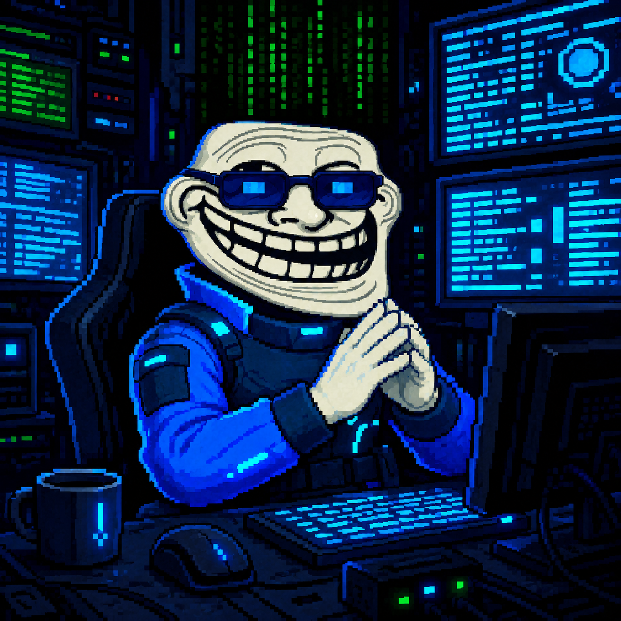 CyberTroll in a hacker room surrounded by monitors