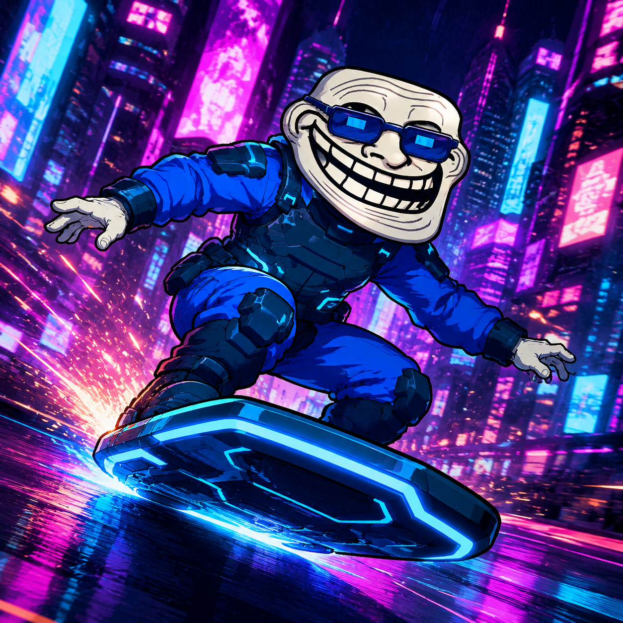 CyberTroll riding a hoverboard through a neon city