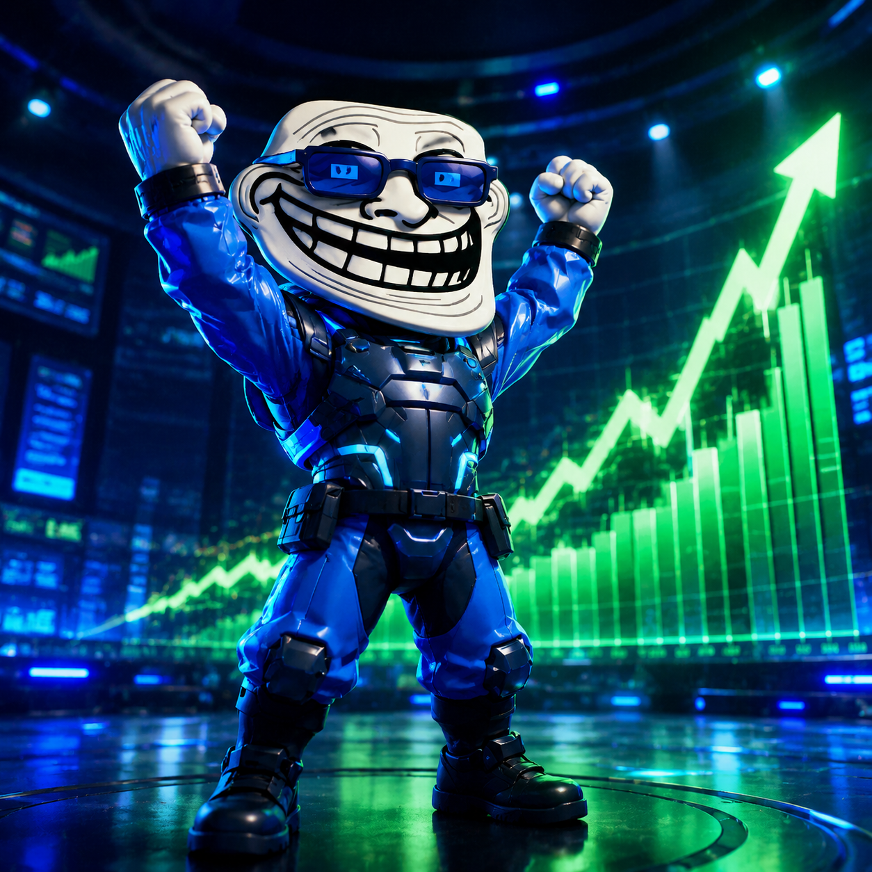CyberTroll celebrating in front of a green trading chart