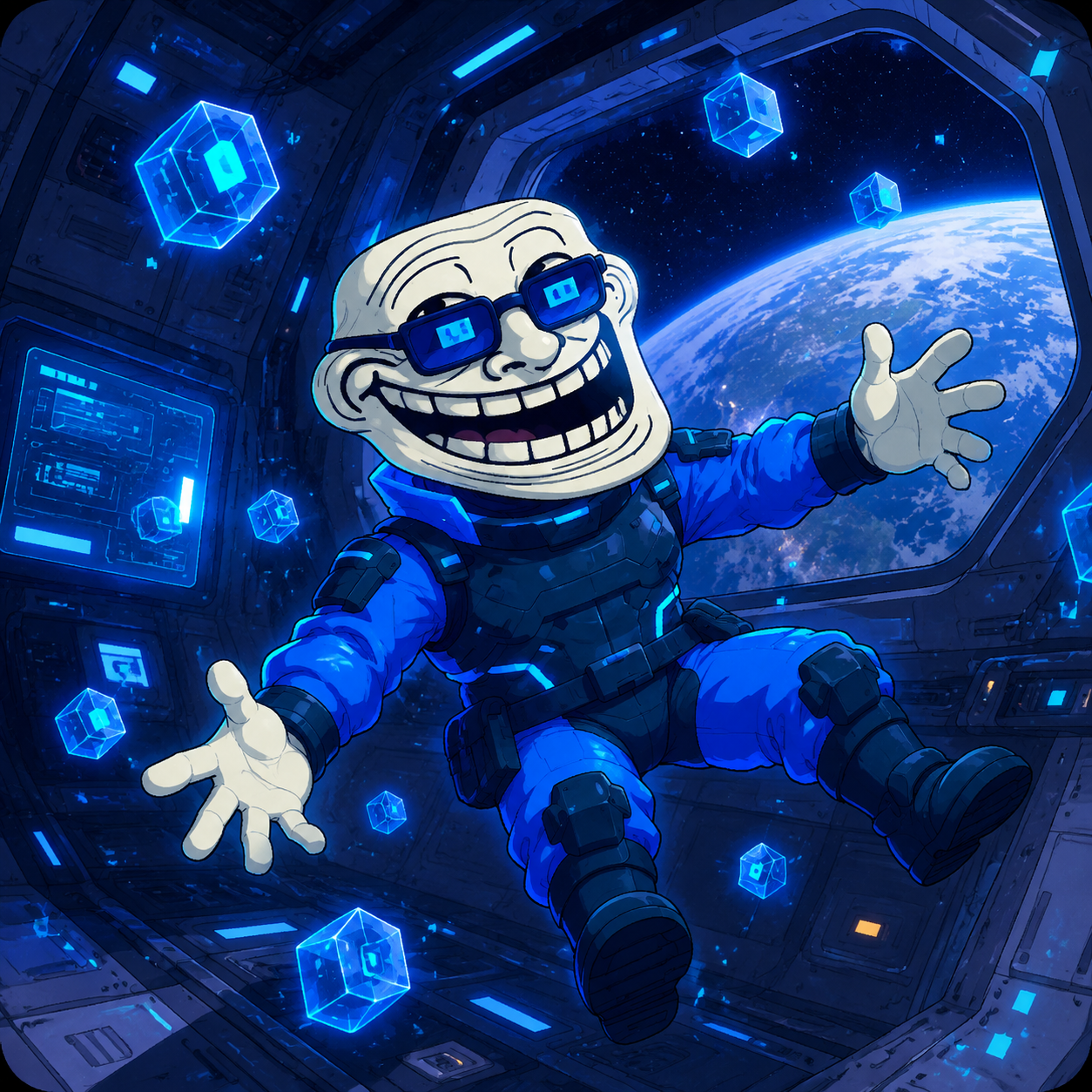 CyberTroll floating in a space station above Earth